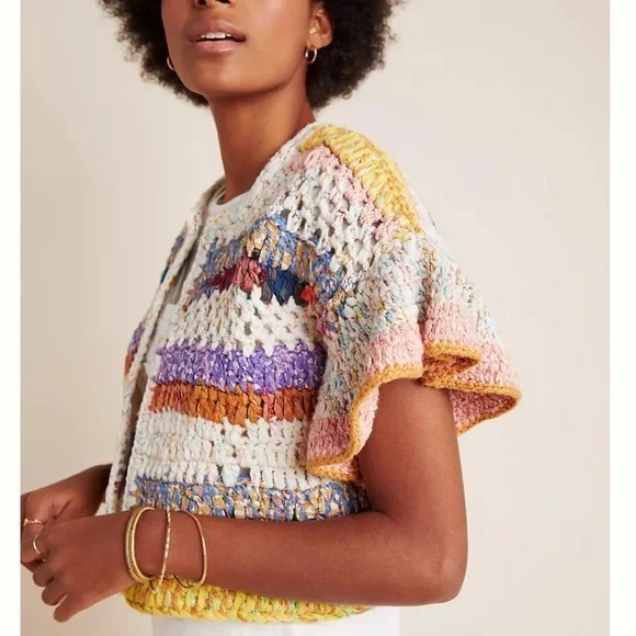 Anthropologie MIA Colorful Cream Multicolor Crochet Open Cardigan M/L $248 - Picture 1 of 6